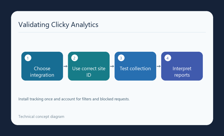 نمودار انتخاب اتصال Clicky، شناسهٔ صحیح، آزمون ثبت و تفسیر گزارش سایت
