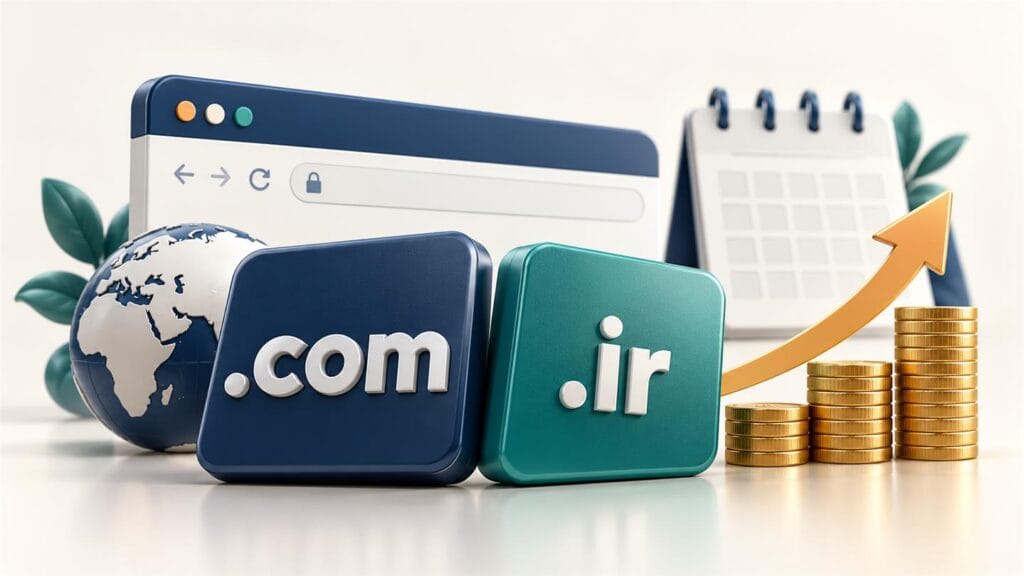 افزایش قیمت دامنه از ۱۰ آبان ۱۴۰۵؛ وضعیت com و ir 1 افزایش قیمت دامنه com و ir با نماد تقویم، سکه و پیکان صعودی