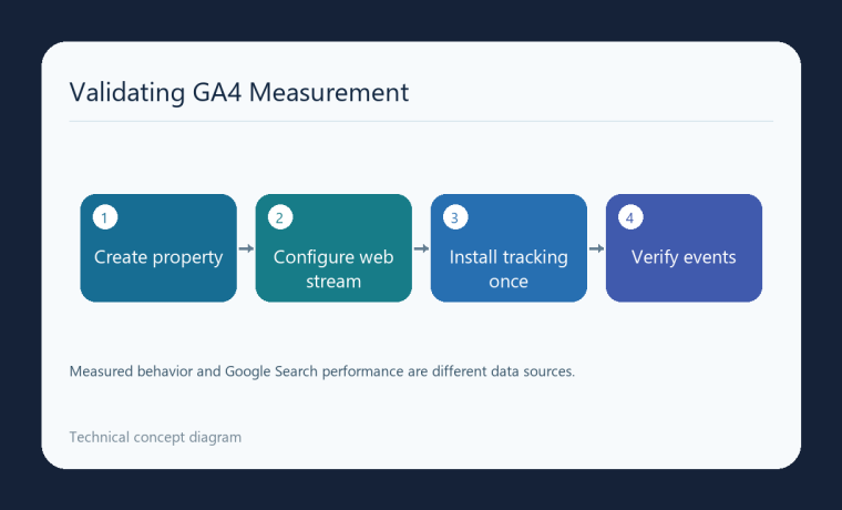نمودار Property، جریان وب، نصب یک‌بارهٔ رهگیری و آزمون رویداد Google Analytics 4
