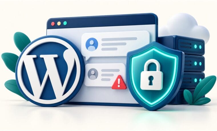آسیبپذیری XSS وردپرس در دیدگاهها؛ راهنمای رفع باگ 7.1.3 1 آسیبپذیری XSS وردپرس؛ نماد وردپرس و دیدگاهها در کنار سپر امنیتی